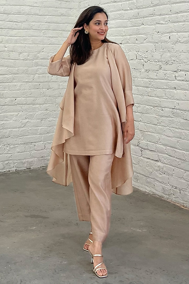 Light Beige Pure Silk Chanderi Asymmetric Jacket Set by Vaaya at Pernia's Pop Up Shop