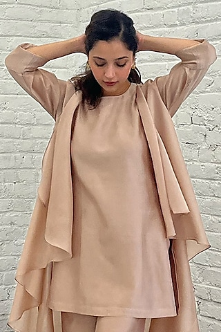 Light Beige Pure Silk Chanderi Asymmetric Jacket Set by Vaaya