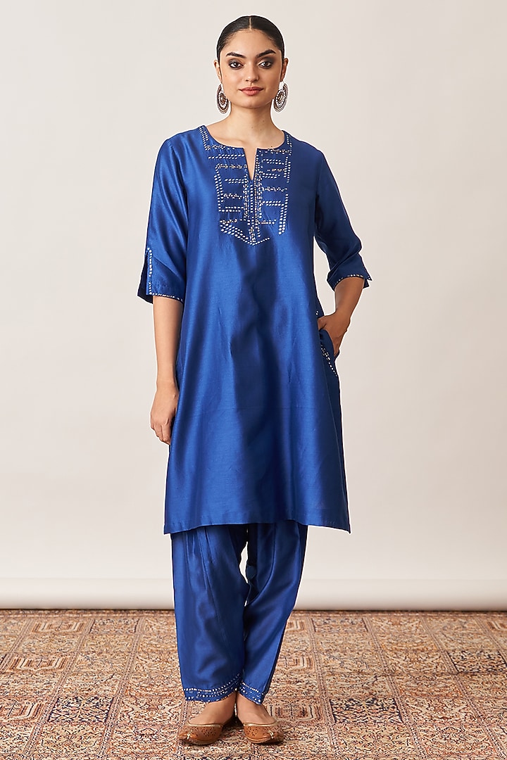 Sapphire Blue Pure Silk Chanderi Kurta Set by Vaaya at Pernia's Pop Up Shop