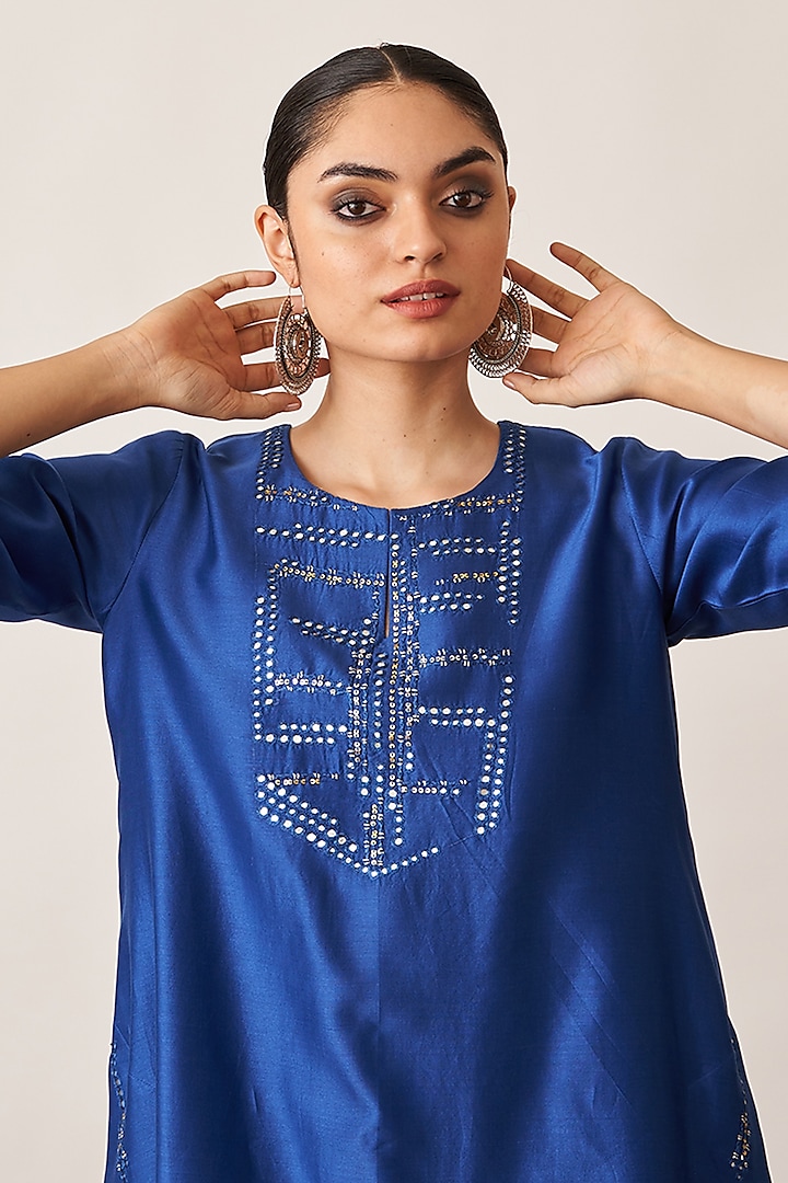 Sapphire Blue Pure Silk Chanderi Kurta Set by Vaaya at Pernia's Pop Up Shop