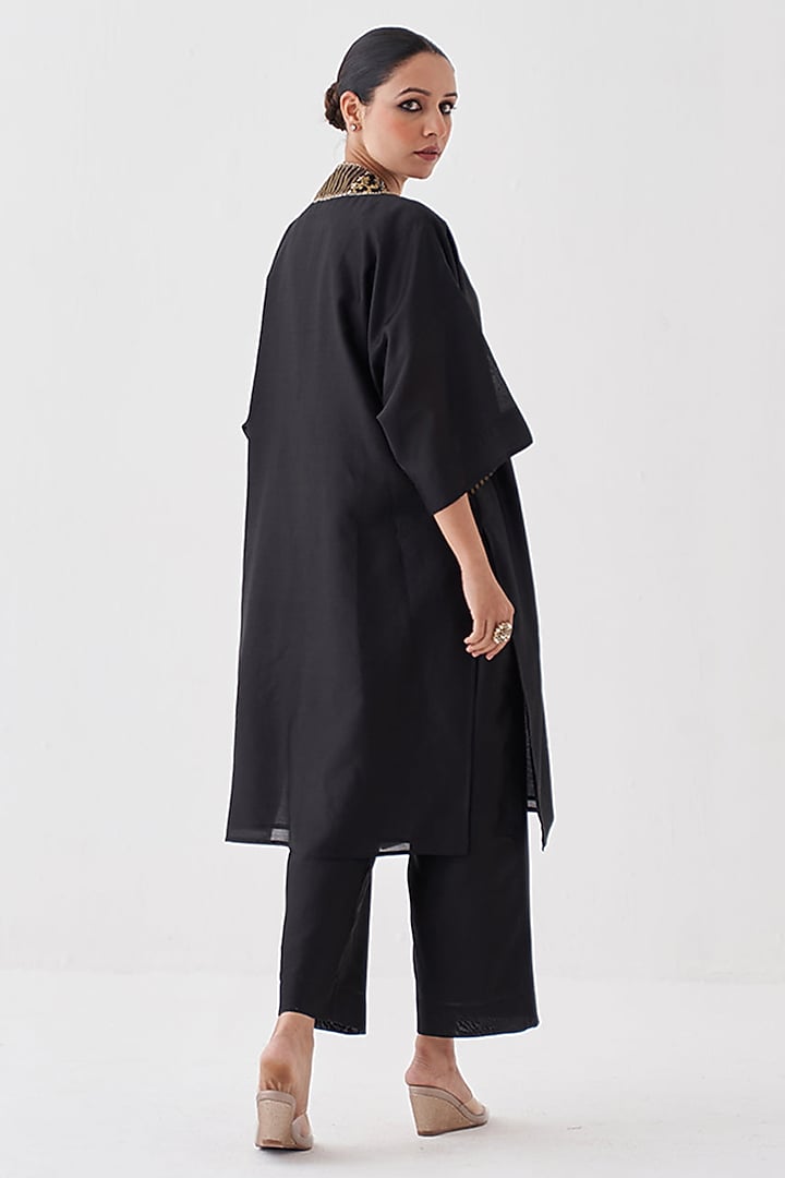 Black Silk Chanderi Woven Banarasi Kurta Set by Vaaya at Pernia's Pop Up Shop