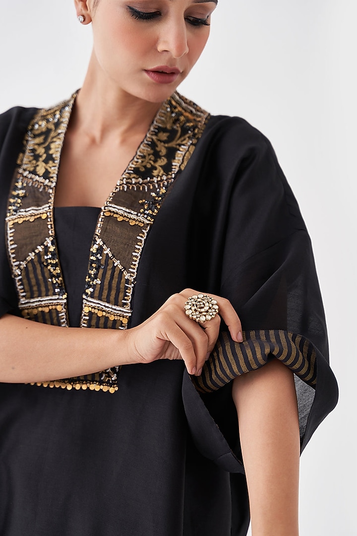 Black Silk Chanderi Woven Banarasi Kurta Set by Vaaya at Pernia's Pop Up Shop