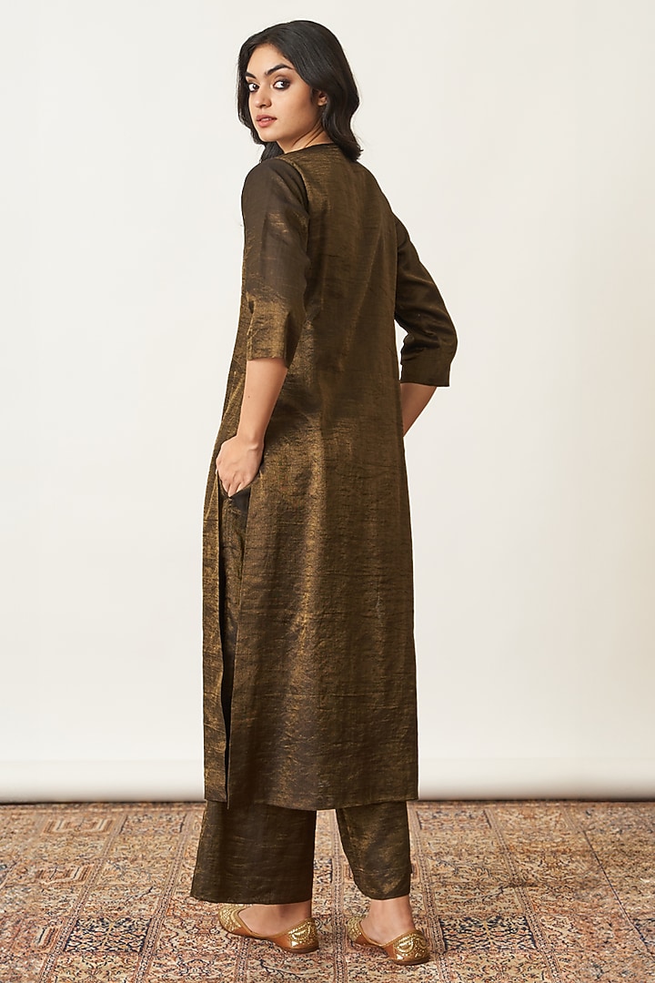Black & Gold Handwoven Silk Tissue Chanderi Kurta Set by Vaaya at Pernia's Pop Up Shop