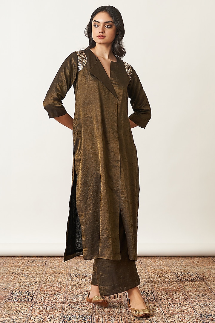 Black & Gold Handwoven Silk Tissue Chanderi Kurta Set by Vaaya at Pernia's Pop Up Shop