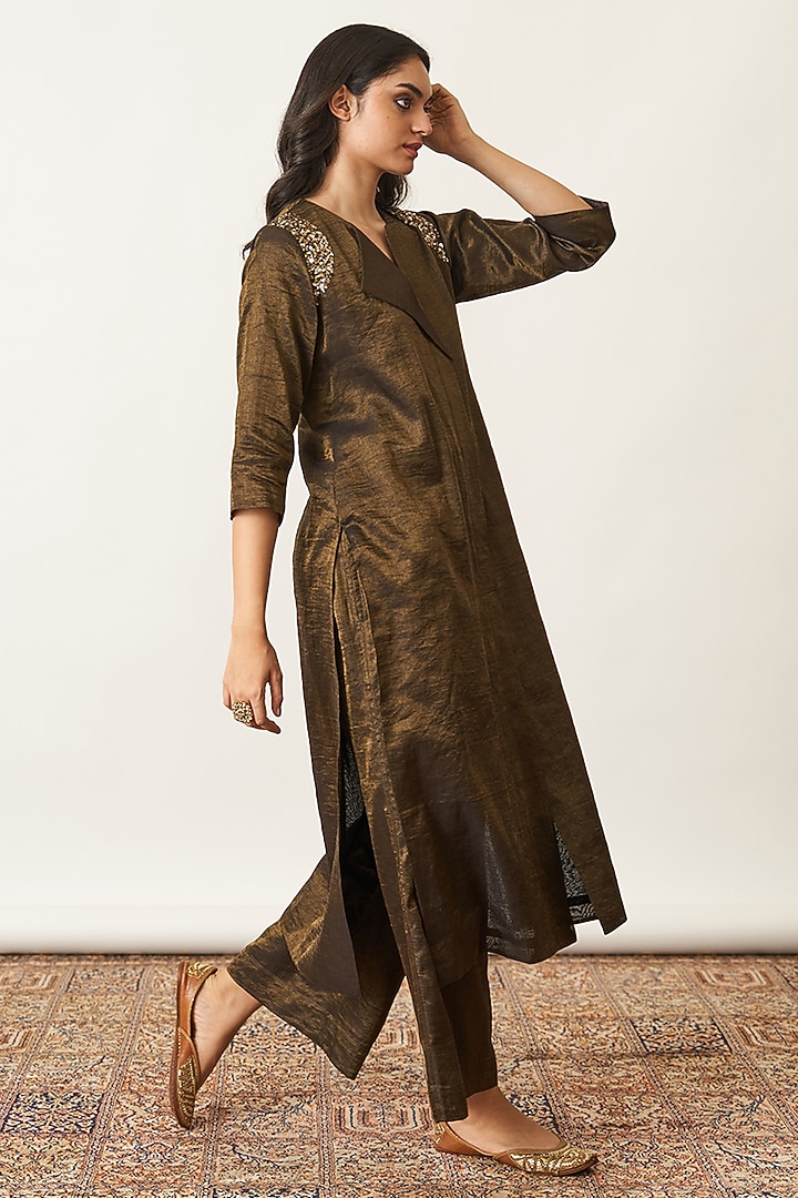 Black & Gold Handwoven Silk Tissue Chanderi Kurta Set by Vaaya at Pernia's Pop Up Shop