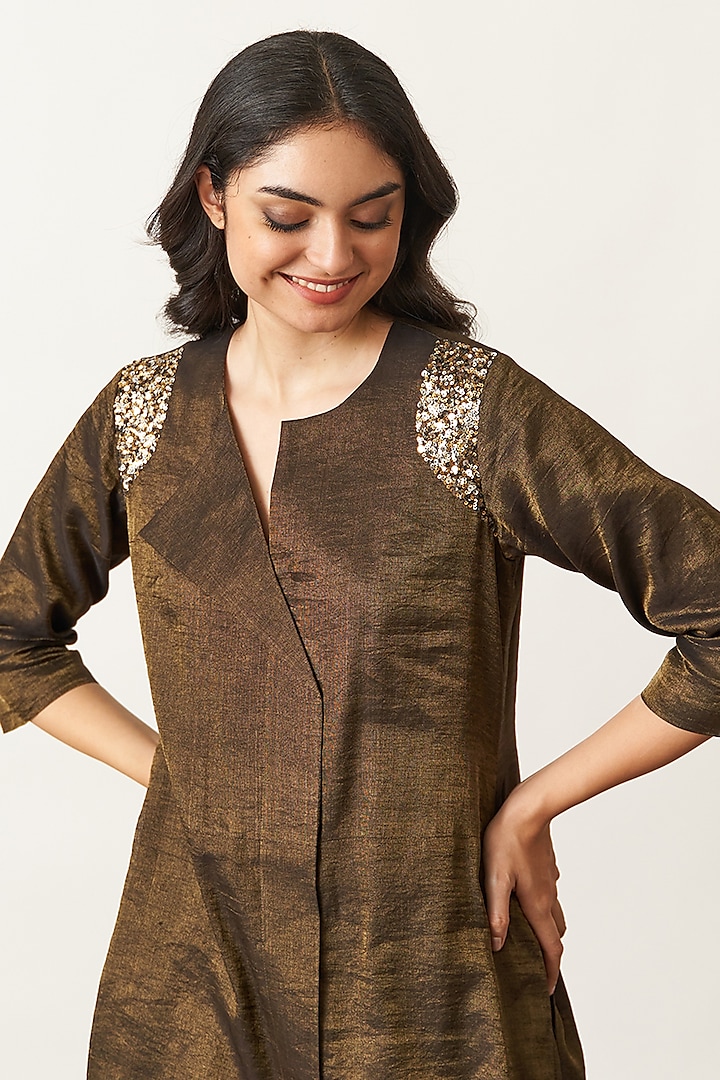 Black & Gold Handwoven Silk Tissue Chanderi Kurta Set by Vaaya at Pernia's Pop Up Shop
