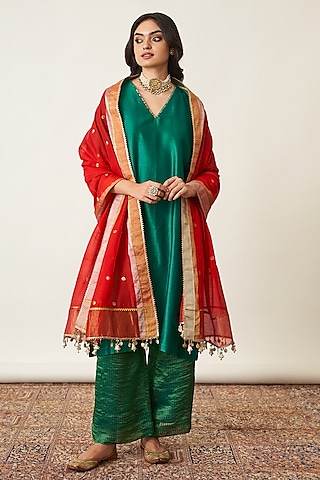 Red Pure Silk Chanderi Dupatta by Vaaya