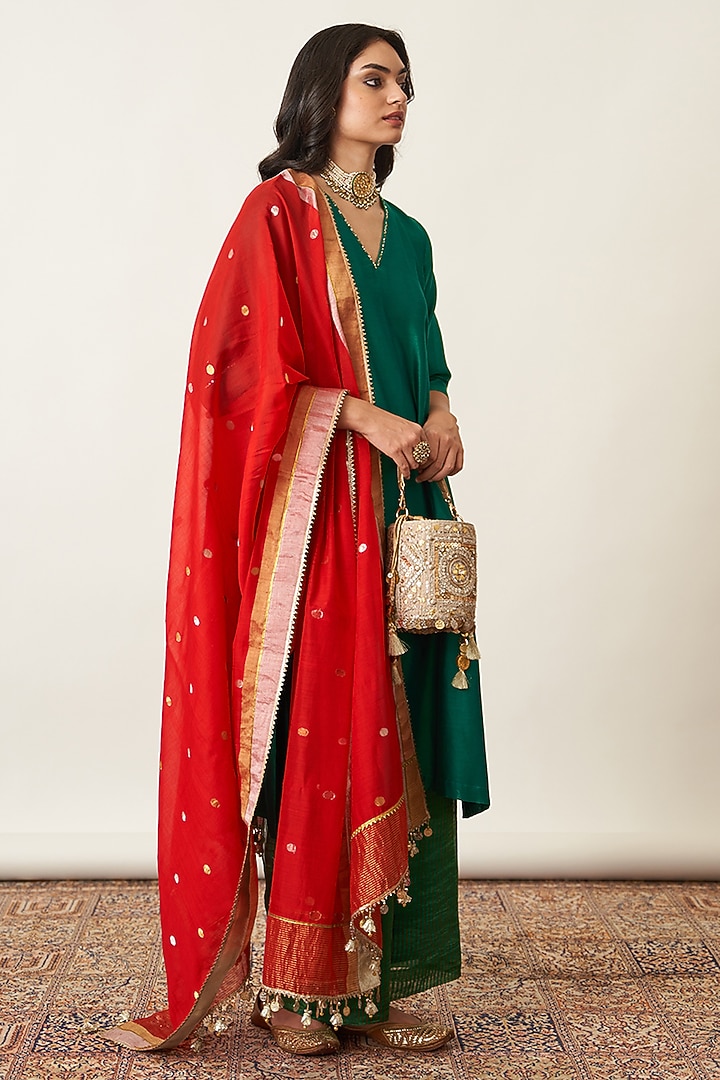Red Pure Silk Chanderi Dupatta by Vaaya at Pernia's Pop Up Shop