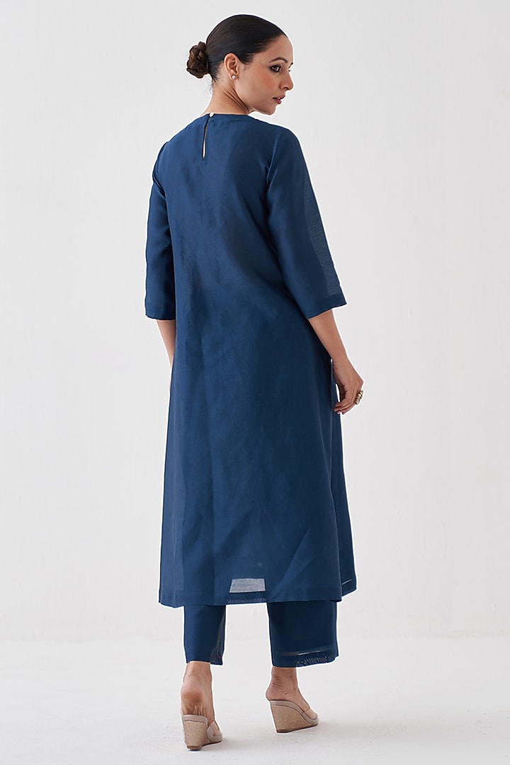 Midnight Blue Handwoven Silk Chanderi Kurta Set by Vaaya at Pernia's Pop Up Shop