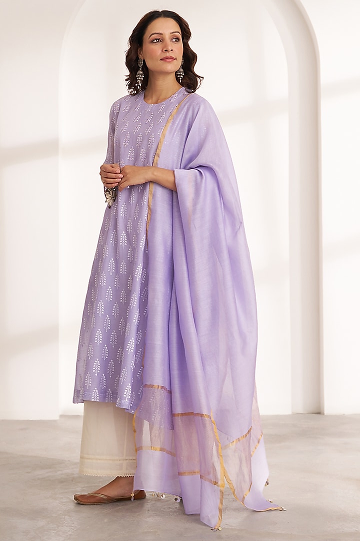 Purple Silk Chanderi Sequins Embroidered Gathered Kurta Set by Vaaya at Pernia's Pop Up Shop