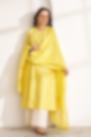 Yellow Silk Chanderi Lotus Embroidered Kurta Set by Vaaya at Pernia's Pop Up Shop