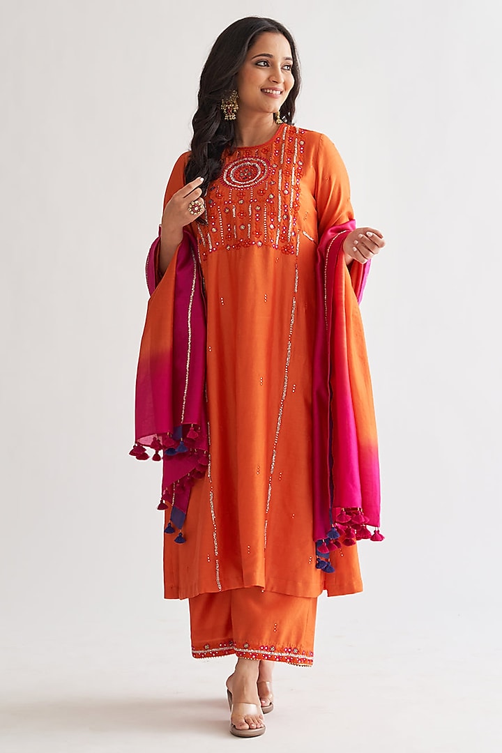 Orange Handwoven Silk Chanderi Handwork Kurta Set by Vaaya at Pernia's Pop Up Shop