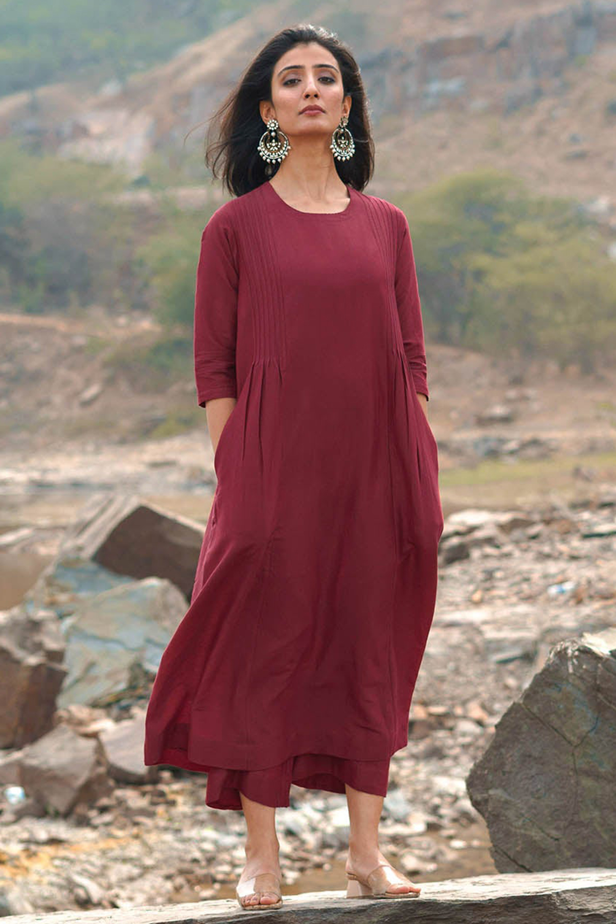 Maroon Handwoven Silk Cotton Pintucks Kurta Set by Vaaya at Pernia's Pop Up Shop