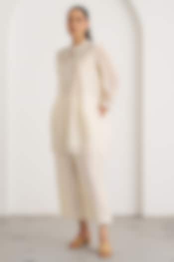 Pearl White Mul Chanderi Handwork Top by Vaaya at Pernia's Pop Up Shop