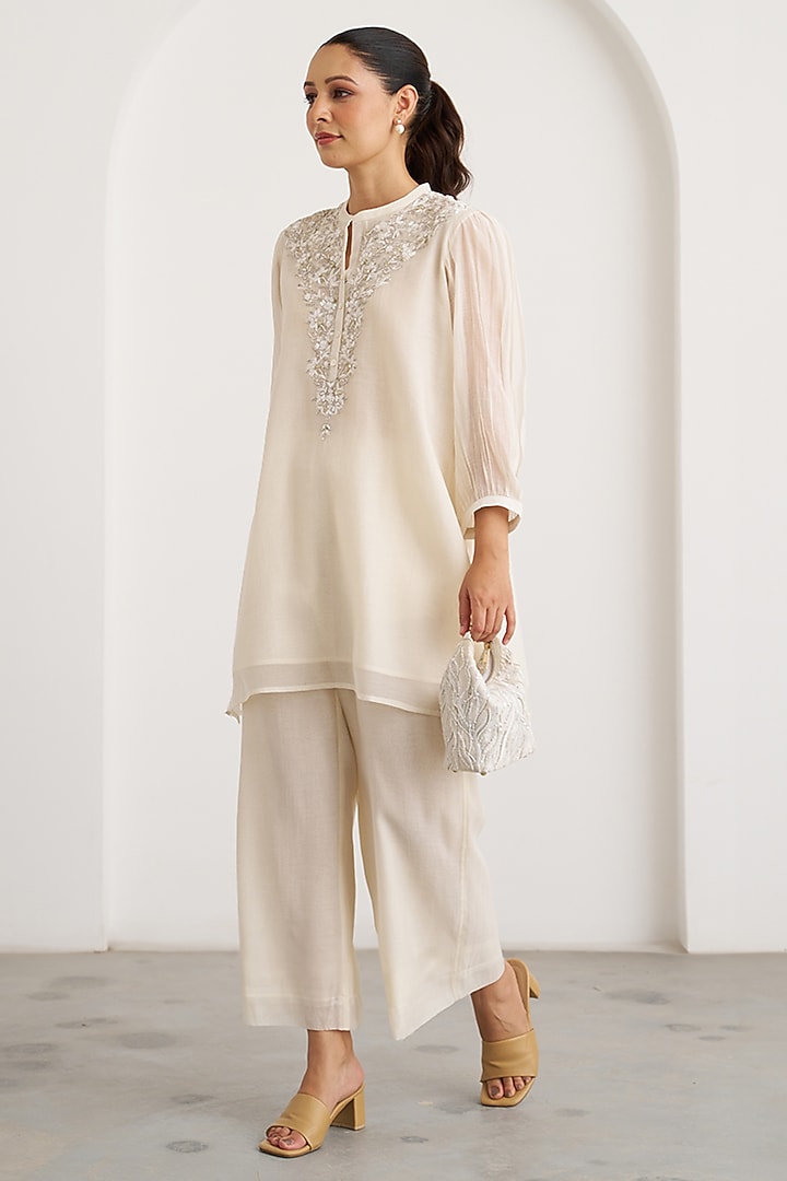Pearl White Mul Chanderi Handwork Top by Vaaya at Pernia's Pop Up Shop