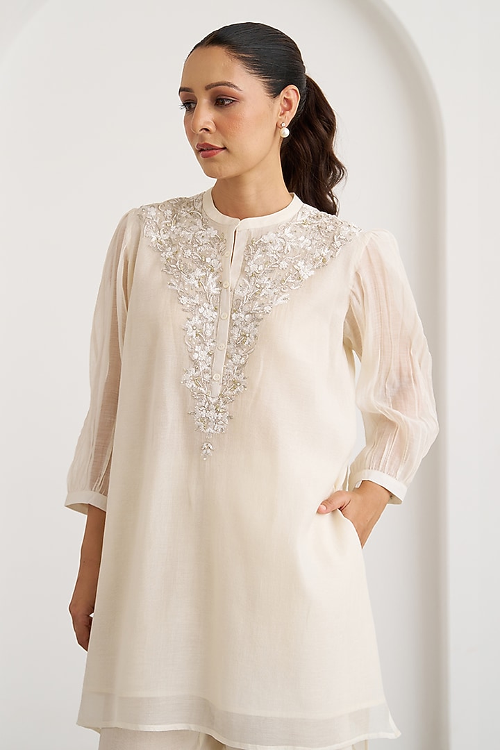Pearl White Mul Chanderi Handwork Top by Vaaya at Pernia's Pop Up Shop