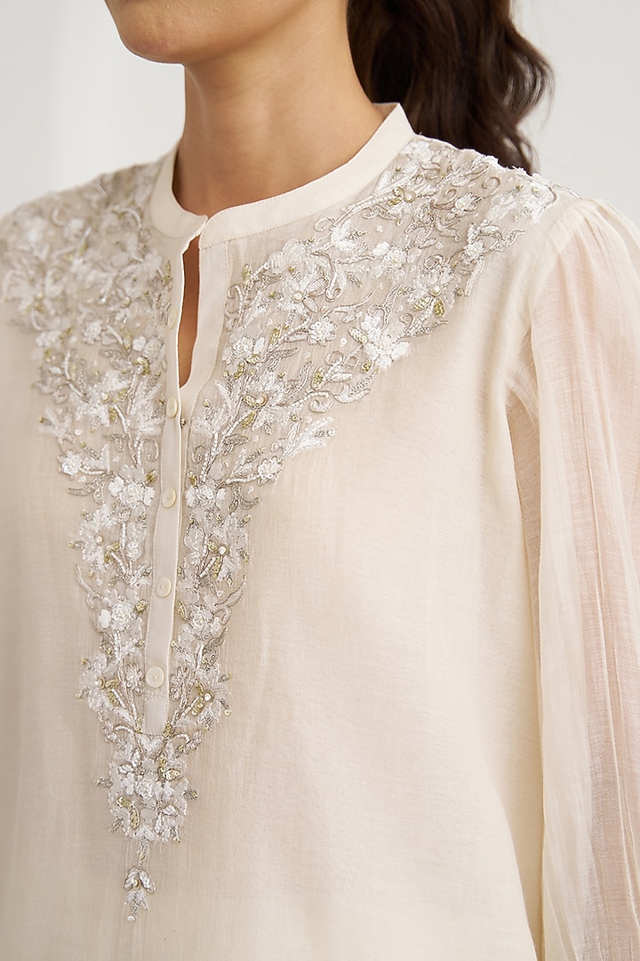 Pearl White Mul Chanderi Handwork Top by Vaaya at Pernia's Pop Up Shop