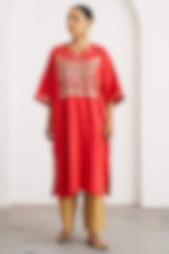 Red Silk Handwork Kaftan Set by Vaaya at Pernia's Pop Up Shop
