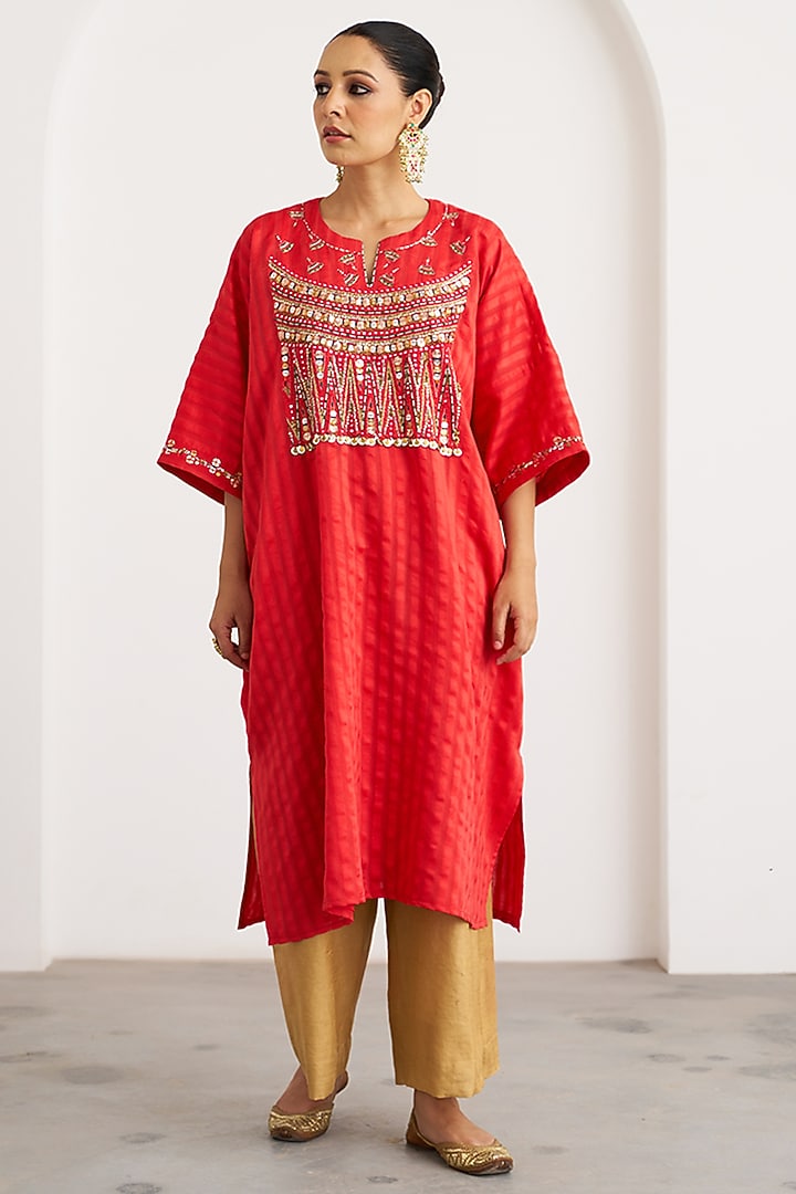Red Silk Handwork Kaftan Set by Vaaya at Pernia's Pop Up Shop