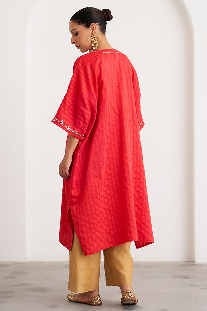 Red Silk Handwork Kaftan Set by Vaaya at Pernia's Pop Up Shop
