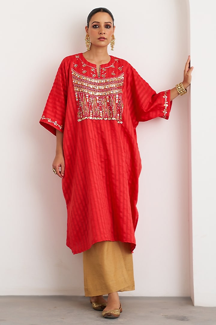 Red Silk Handwork Kaftan Set by Vaaya at Pernia's Pop Up Shop