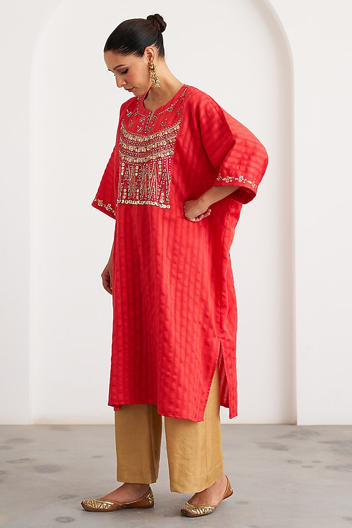 Red Silk Handwork Kaftan Set by Vaaya at Pernia's Pop Up Shop