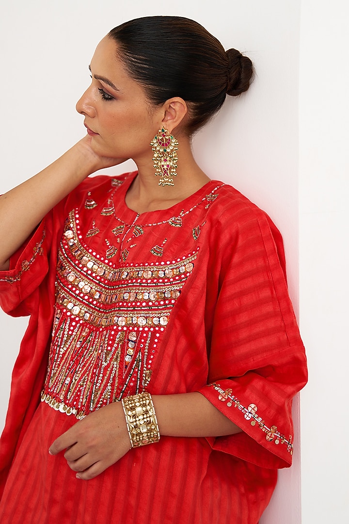 Red Silk Handwork Kaftan Set by Vaaya at Pernia's Pop Up Shop
