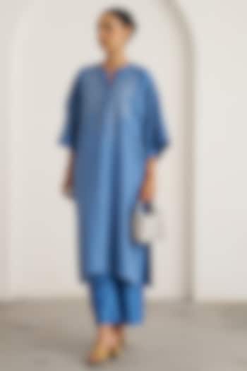 Ocean Blue Silk Chanderi Handwork Kaftan Set by Vaaya at Pernia's Pop Up Shop