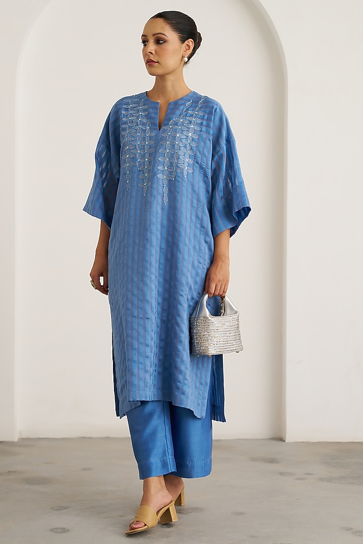 Ocean Blue Silk Chanderi Handwork Kaftan Set by Vaaya at Pernia's Pop Up Shop