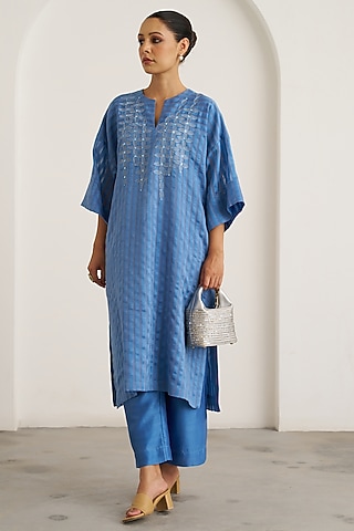 Ocean Blue Silk Chanderi Handwork Kaftan Set by Vaaya