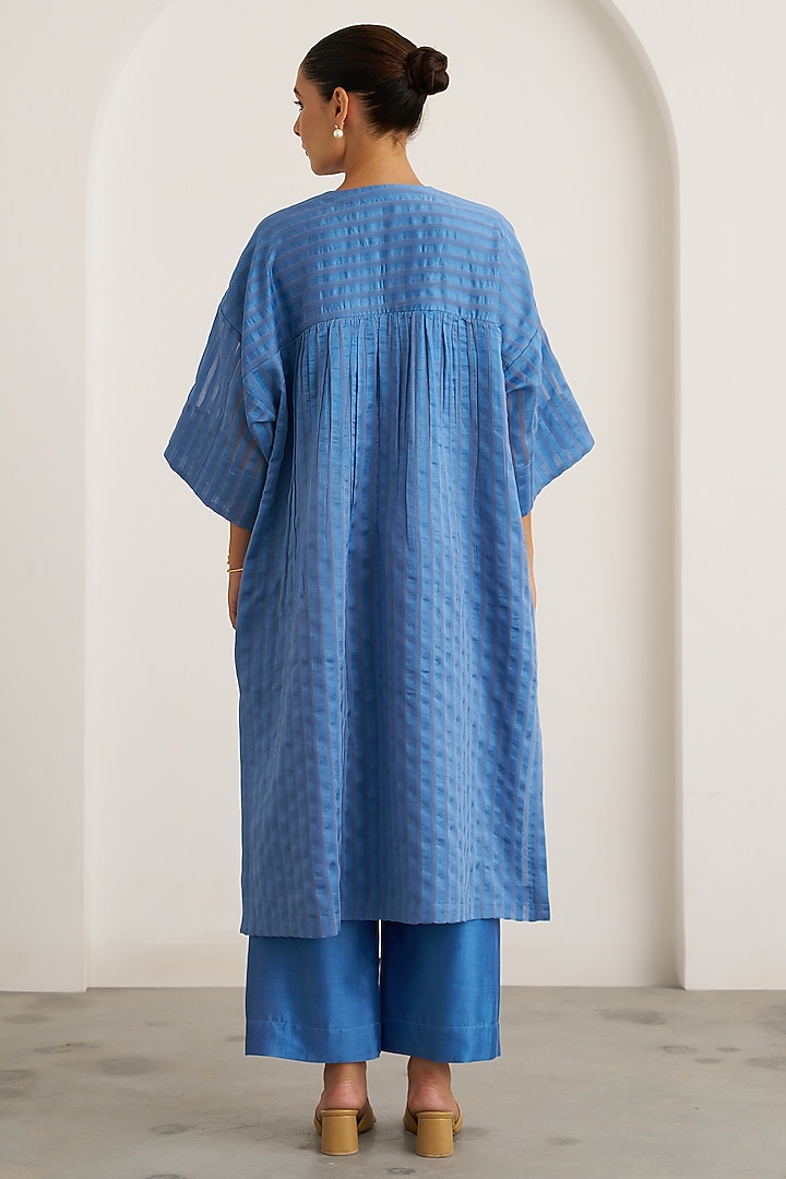 Ocean Blue Silk Chanderi Handwork Kaftan Set by Vaaya at Pernia's Pop Up Shop
