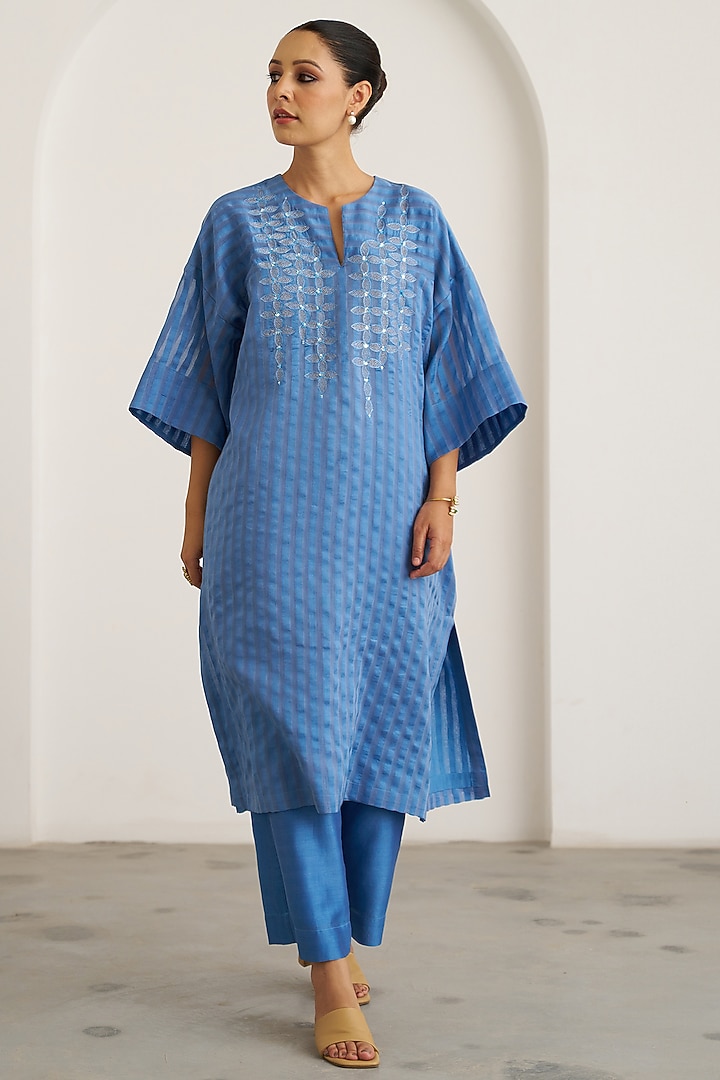 Ocean Blue Silk Chanderi Handwork Kaftan Set by Vaaya at Pernia's Pop Up Shop