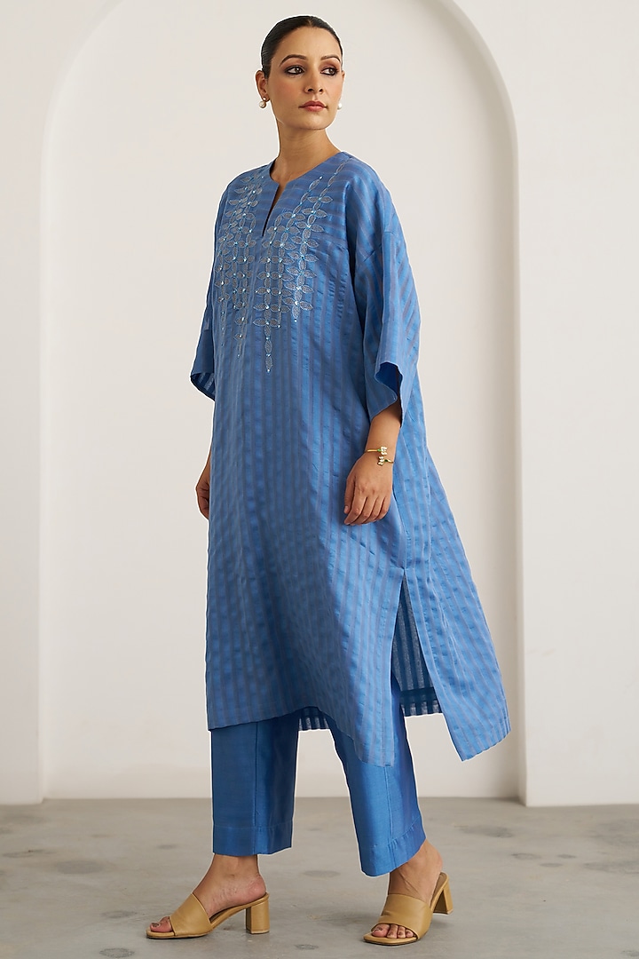 Ocean Blue Silk Chanderi Handwork Kaftan Set by Vaaya at Pernia's Pop Up Shop