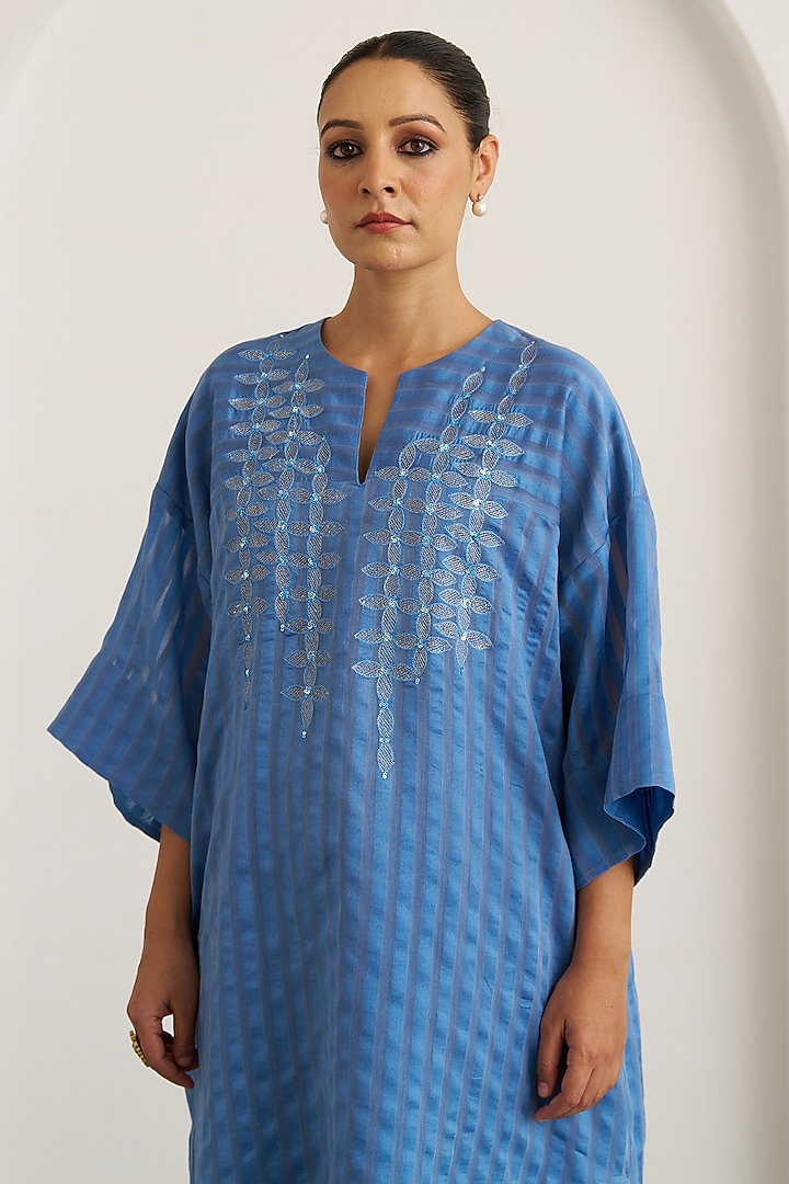 Ocean Blue Silk Chanderi Handwork Kaftan Set by Vaaya at Pernia's Pop Up Shop