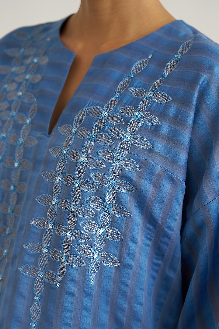 Ocean Blue Silk Chanderi Handwork Kaftan Set by Vaaya at Pernia's Pop Up Shop
