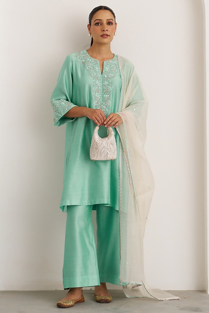 Aqua Blue Silk Chanderi Handwork Kurta Set by Vaaya at Pernia's Pop Up Shop