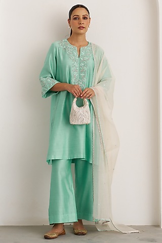 Aqua Blue Silk Chanderi Handwork Kurta Set by Vaaya