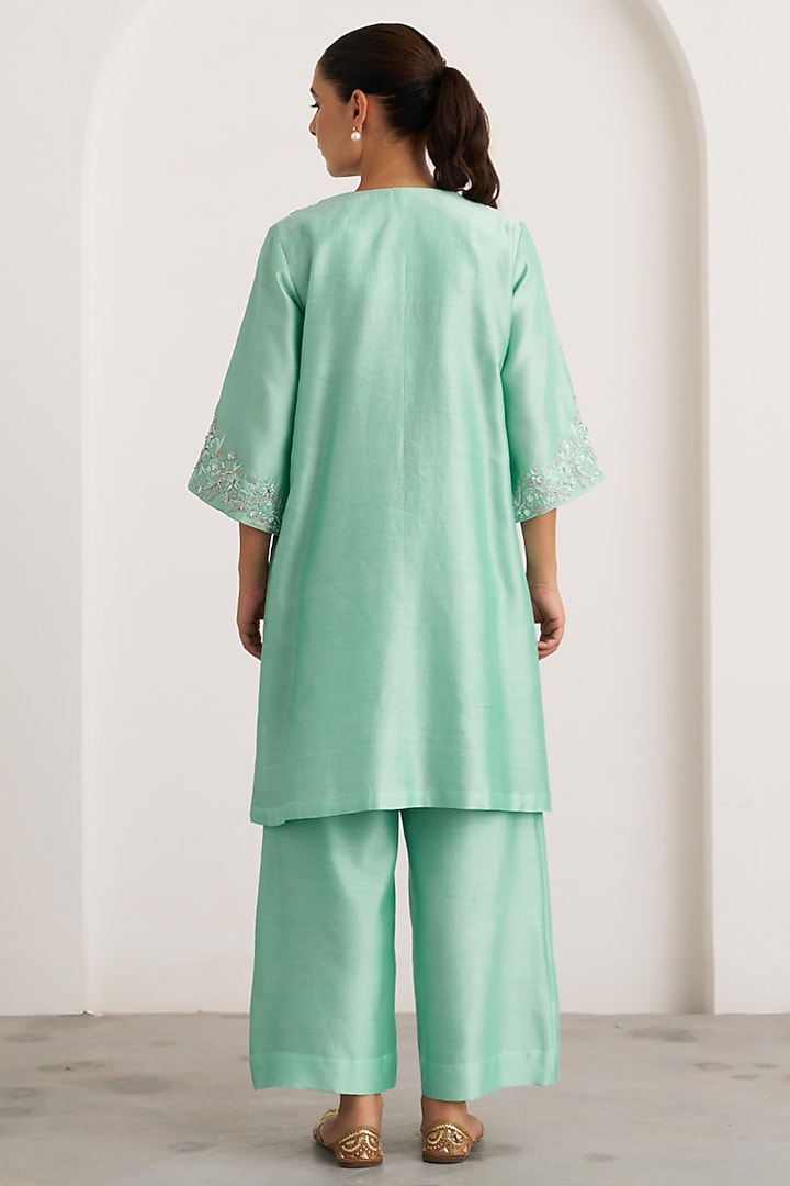 Aqua Blue Silk Chanderi Handwork Kurta Set by Vaaya at Pernia's Pop Up Shop