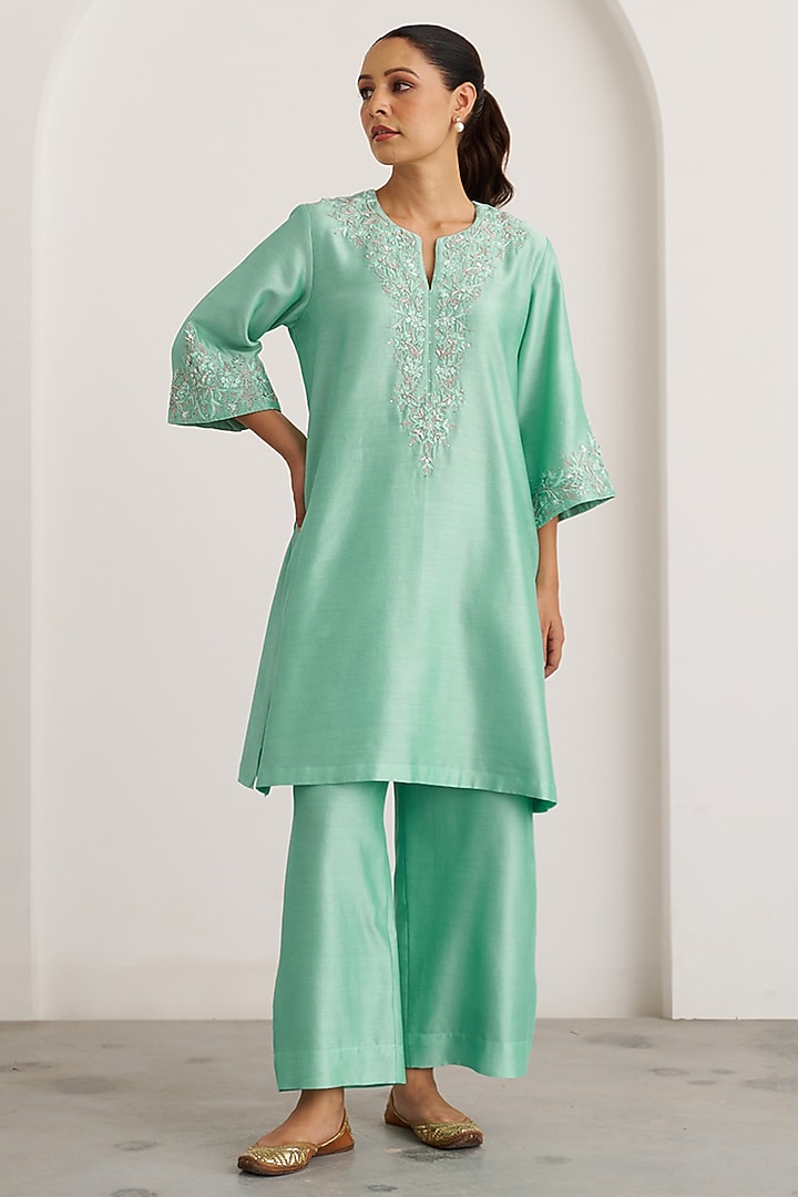 Aqua Blue Silk Chanderi Handwork Kurta Set by Vaaya at Pernia's Pop Up Shop