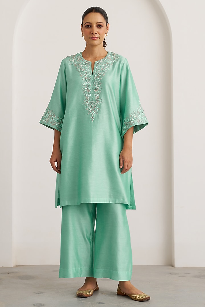 Aqua Blue Silk Chanderi Handwork Kurta Set by Vaaya at Pernia's Pop Up Shop