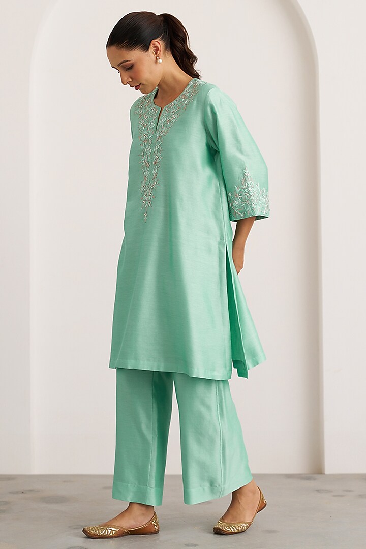 Aqua Blue Silk Chanderi Handwork Kurta Set by Vaaya at Pernia's Pop Up Shop