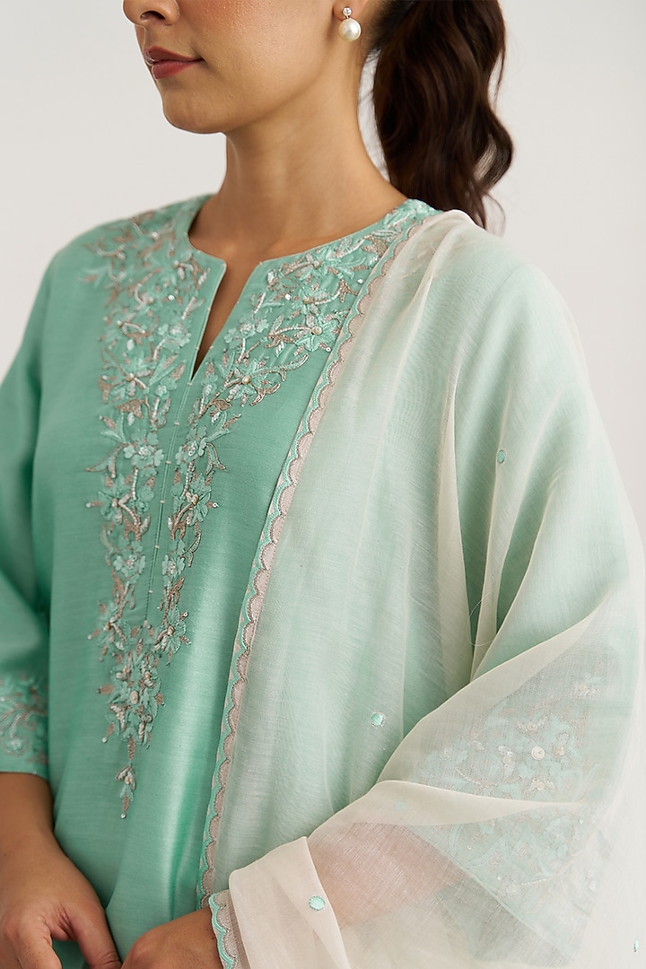 Aqua Blue Silk Chanderi Handwork Kurta Set by Vaaya at Pernia's Pop Up Shop