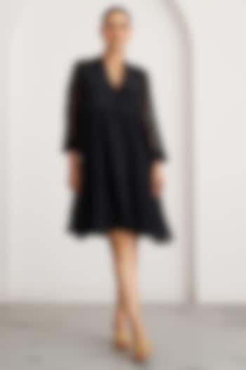 Black Silk Chanderi Embroidered Vacation Dress by Vaaya at Pernia's Pop Up Shop