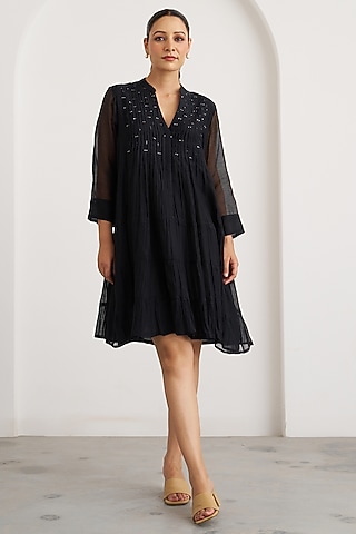 Black Silk Chanderi Embroidered Dress by Vaaya