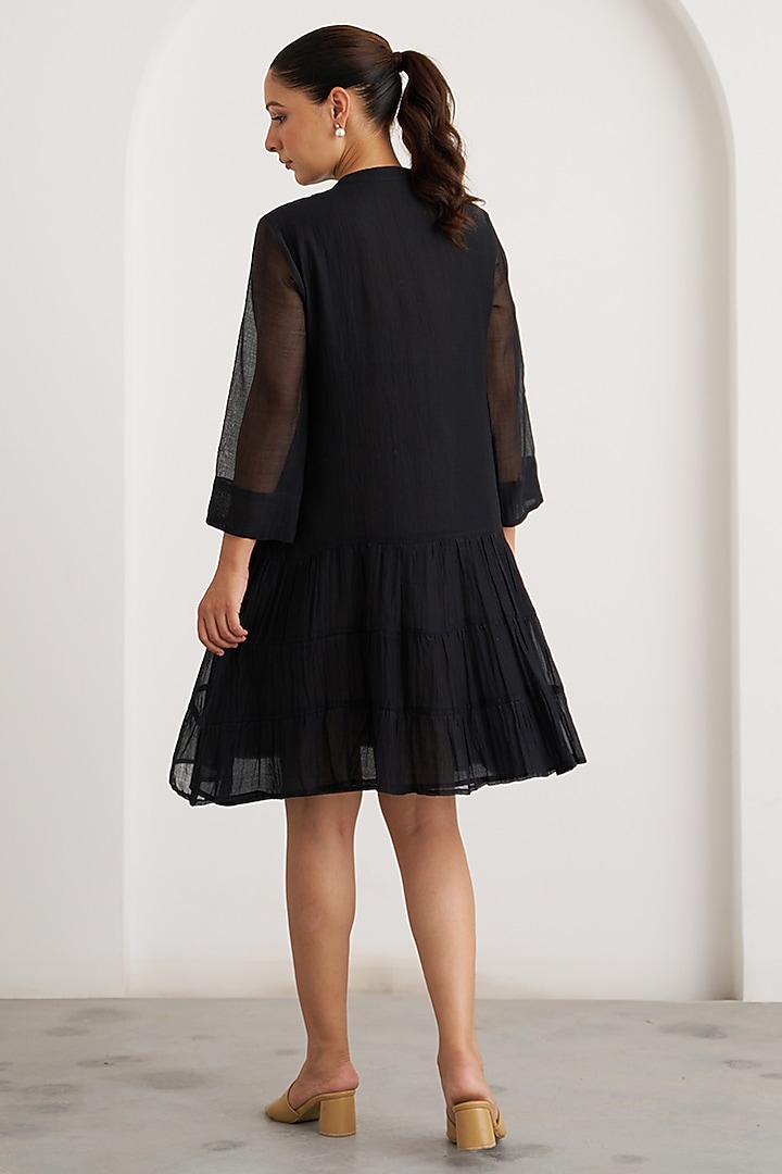 Black Silk Chanderi Embroidered Vacation Dress by Vaaya at Pernia's Pop Up Shop