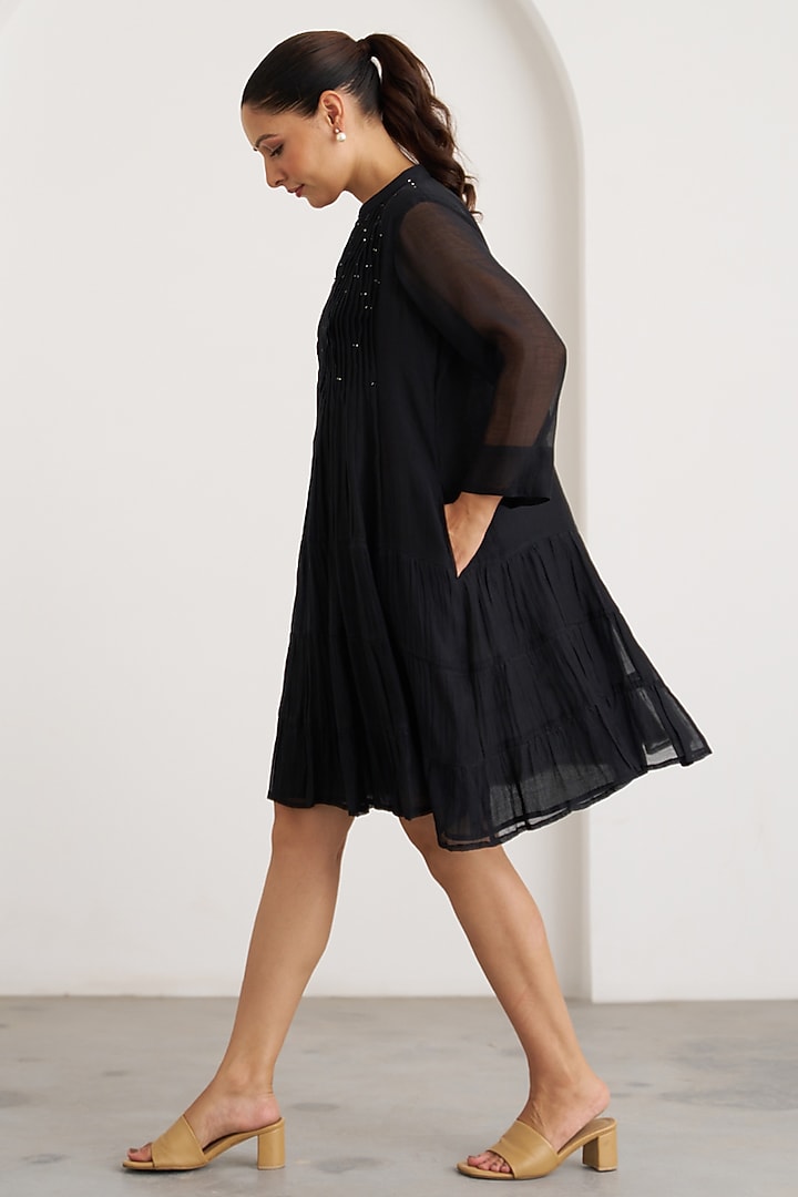 Black Silk Chanderi Embroidered Vacation Dress by Vaaya at Pernia's Pop Up Shop