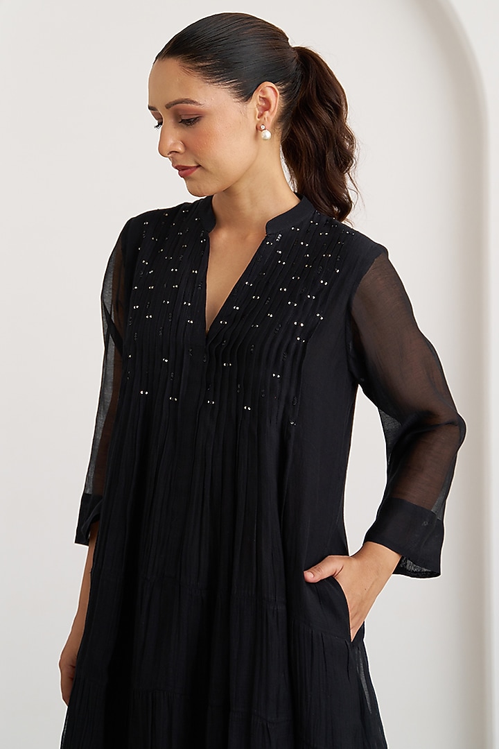 Black Silk Chanderi Embroidered Vacation Dress by Vaaya at Pernia's Pop Up Shop