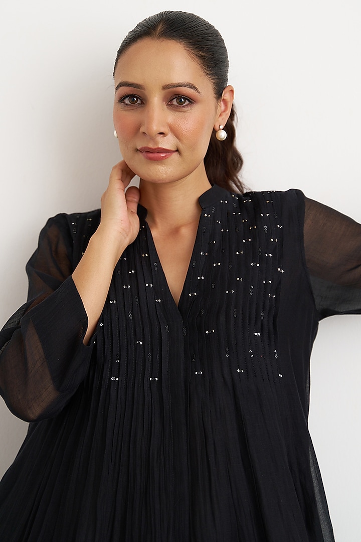 Black Silk Chanderi Embroidered Vacation Dress by Vaaya at Pernia's Pop Up Shop