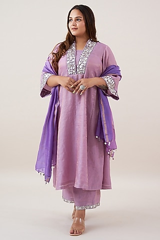 Lavender Silk Tissue Chanderi Handwork Kurta Set by Vaaya