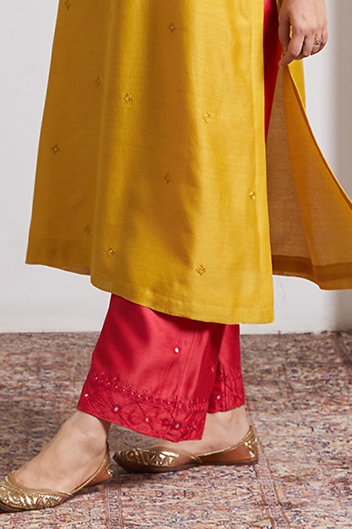 Yellow Silk Chanderi Handwork Kurta by Vaaya at Pernia's Pop Up Shop